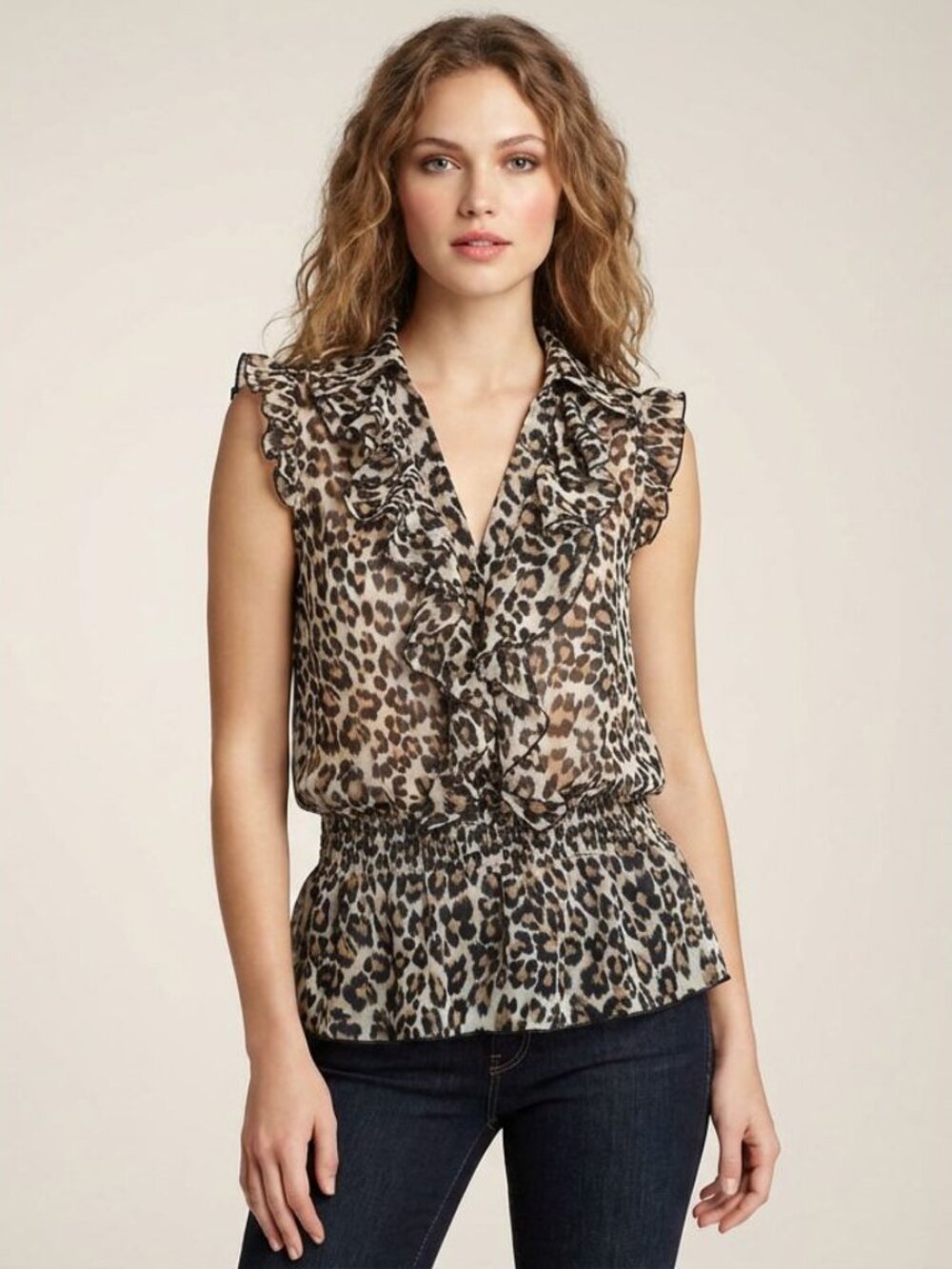 VTG Dots Top Blouse Leopard Print Sz S Chiffon Summer Cinched Waist V Neck